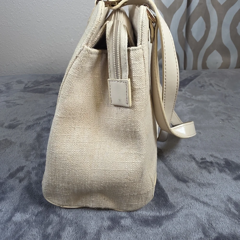 Etienne Aigner Cream and Tan Linen Shoulder Bag.